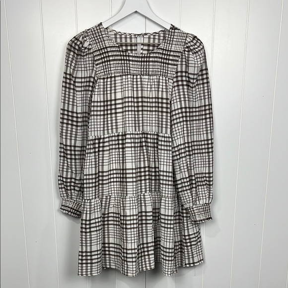 Womens Brown & White Plaid Dress Pullover Smocking Lined Tier Ruffles No Tags - Picture 1 of 14